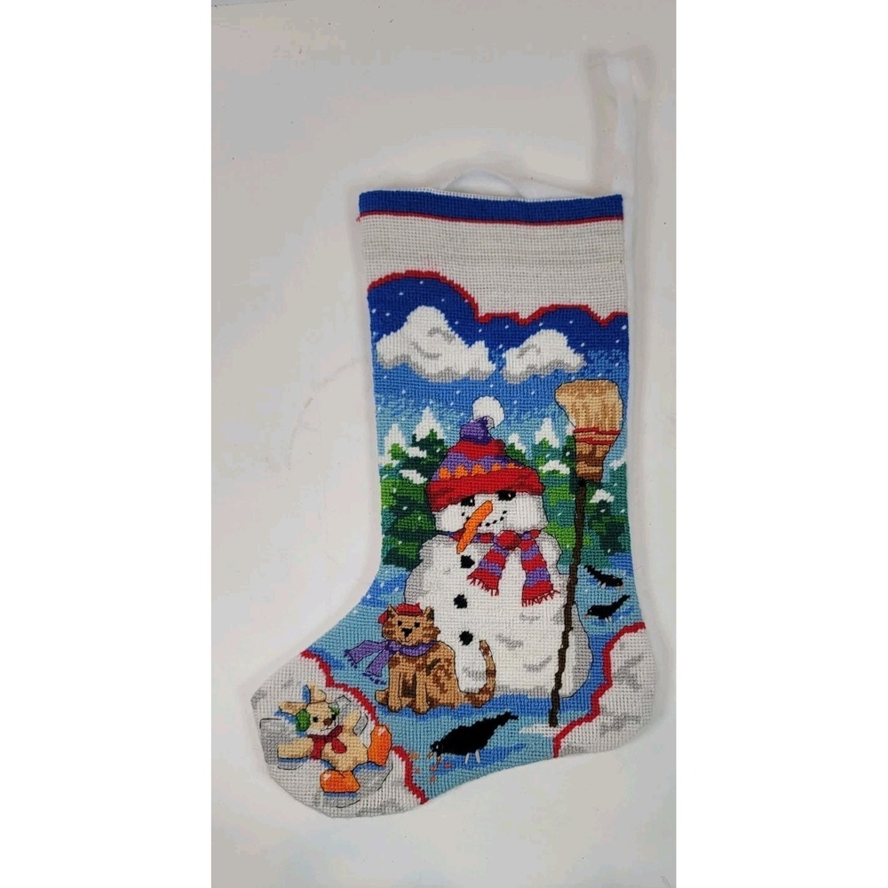 Vintage Needlepoint Stocking Snowman 13" Christmas Beautiful‎ Cat Bunny
